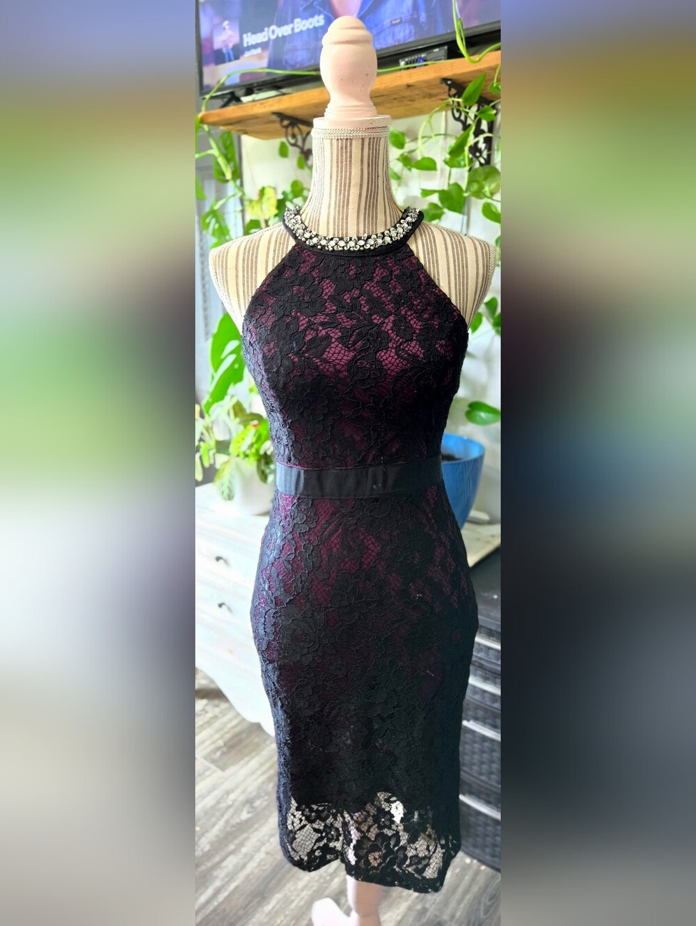 Sequin Hearts Black Lace Overlay Wine One-Shoulder Sheath Dress